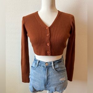 Burnt Orange Button Up Long Sleeve Crop Top Sweater Size Small